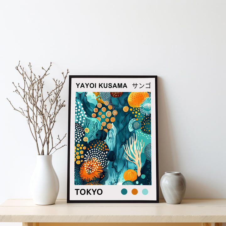 Yayoi Kusama Coral Poster Modern Pop Art Print Japanese Abstract Ocean Design Polka Dot Marine Artwork for Contemporary Coastal Decor