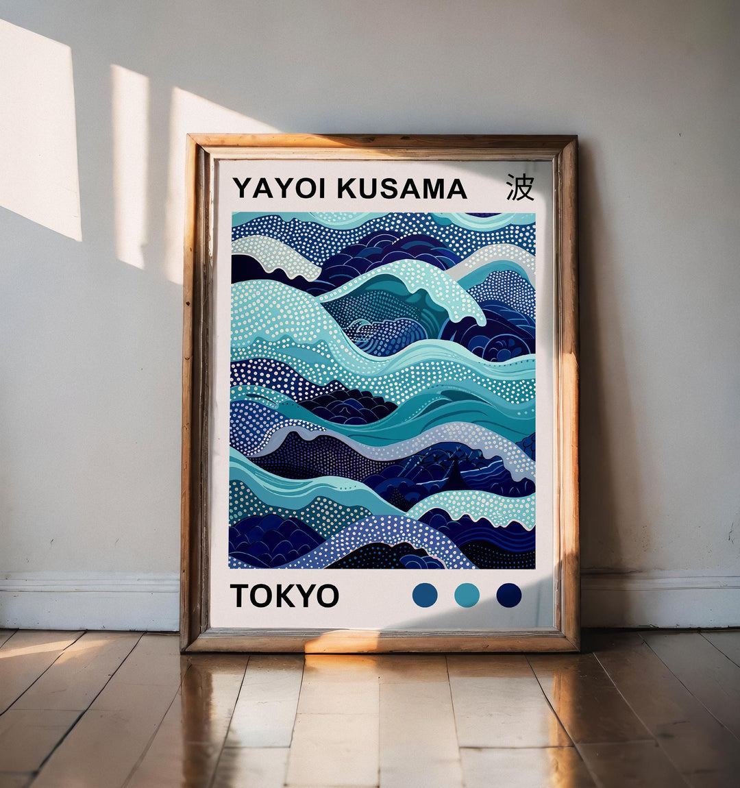 Yayoi Kusama Waves Poster Modern Pop Art Print Japanese Abstract Ocean Design Polka Dot Sea Artwork for Contemporary Coastal Home Decor