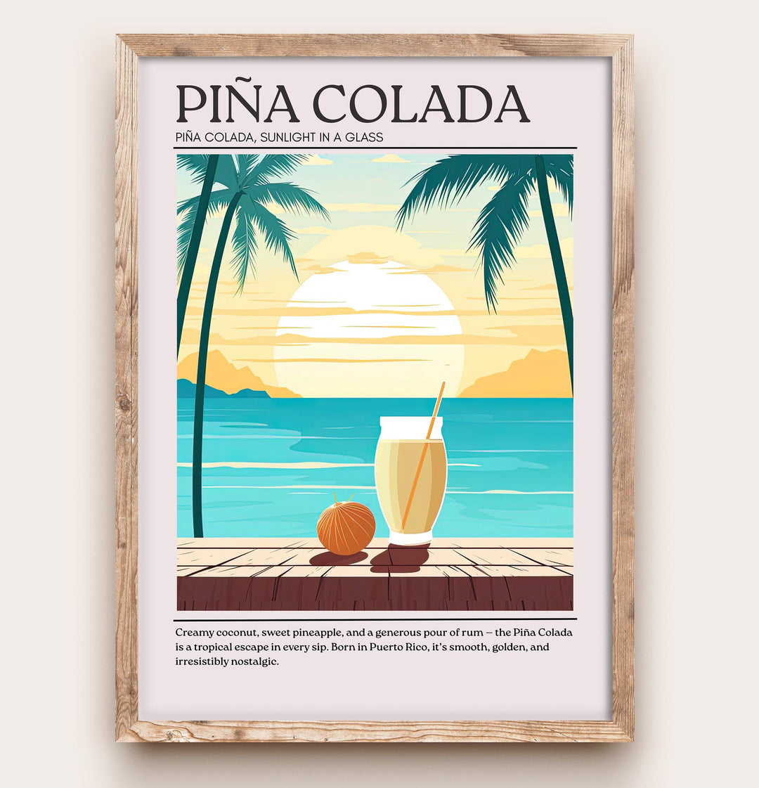 Piña Colada Cocktail Print Vintage Drink Poster Tropical Bar Wall Art Beach Decor Cocktail Lover Gift Summer Beverage Artwork