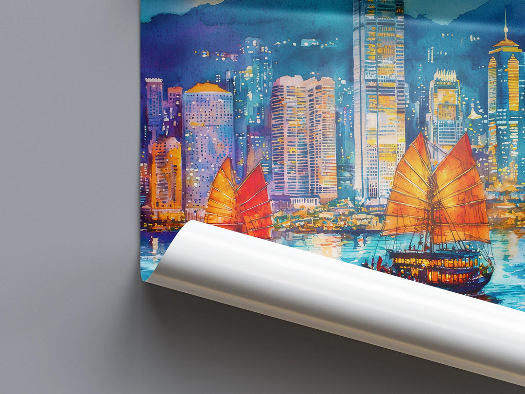 Hong Kong Watercolor Poster Hong Kong Travel Print City Skyline Painting Asia Wall Art Urban Decor Modern Landscape Souvenir