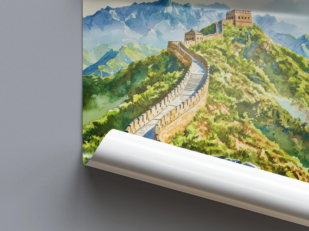 Great Wall of China Watercolor Poster China Travel Print Historic Landscape Painting Asian Wall Art Cultural Decor Souvenir