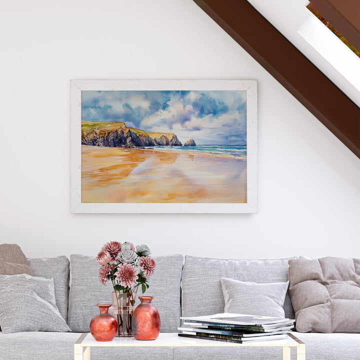 Perranporth Cornwall Watercolor Poster Perranporth Travel Print Coastal Beach Painting Seaside Wall Art UK Decor Souvenir