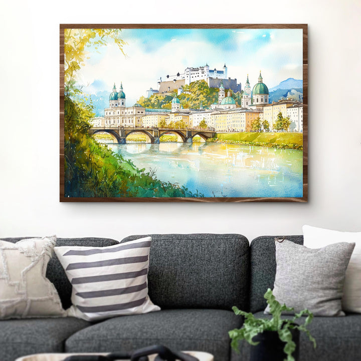 Salzburg Austria Watercolor Poster Salzburg Travel Print Cityscape Painting European Wall Art Old Town Decor Alps Souvenir