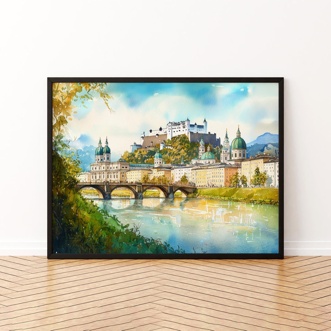 Salzburg Austria Watercolor Poster Salzburg Travel Print Cityscape Painting European Wall Art Old Town Decor Alps Souvenir