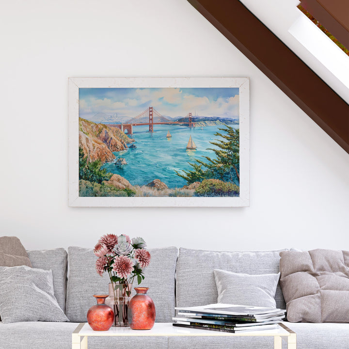 San Francisco California Watercolor Poster San Francisco Travel Print City Skyline Painting Golden Gate Wall Art USA Souvenir