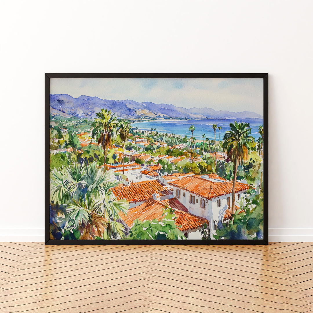 Santa Barbara California Watercolor Poster Santa Barbara Travel Print Coastal City Painting Beach Wall Art USA Souvenir