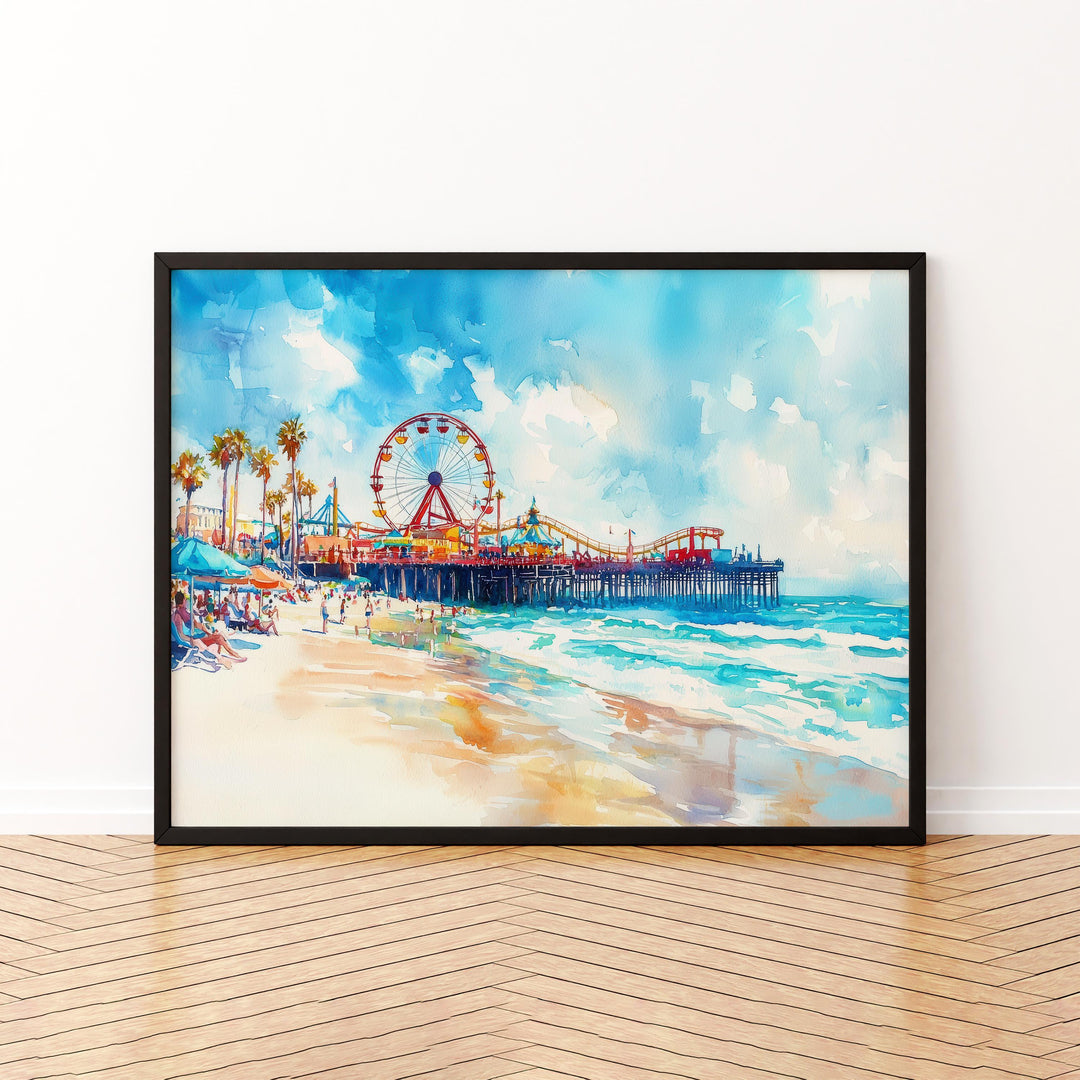 Santa Monica California Watercolor Poster Santa Monica Travel Print Beach Pier Painting Coastal Wall Art USA Souvenir