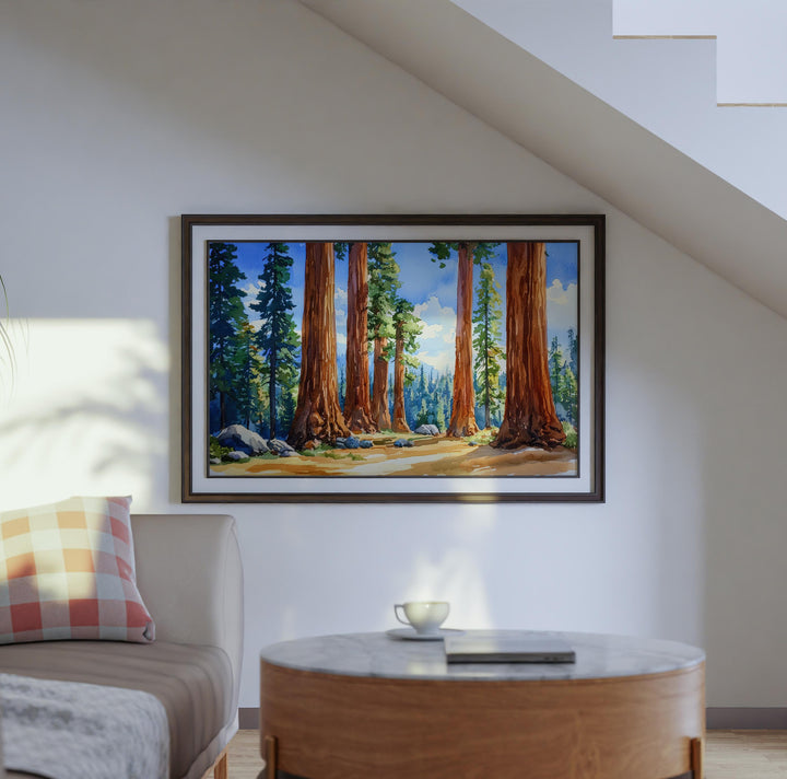 Sequoia National Park Watercolor Poster California Travel Print Forest Painting Nature Wall Art Giant Tree Decor USA Souvenir