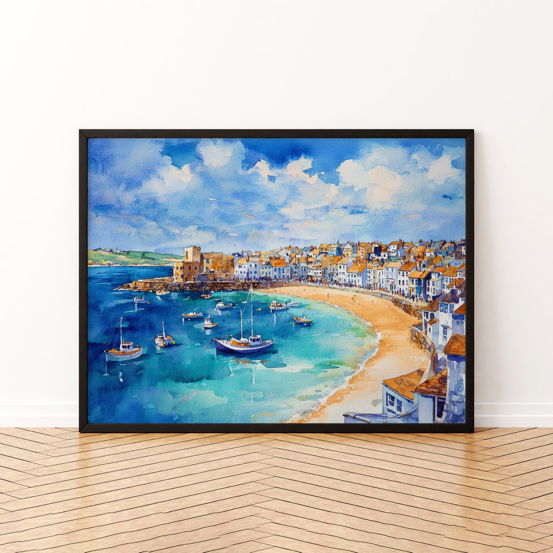 St Ives Cornwall Watercolor Poster St Ives Travel Print Coastal Harbour Painting Seaside Wall Art UK Beach Decor Souvenir