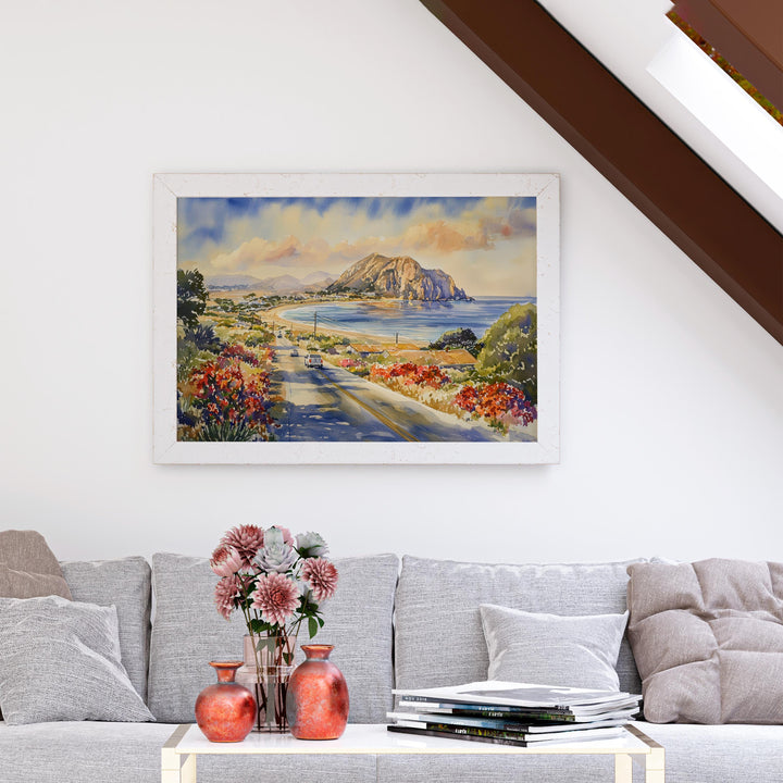 Morro Bay California Watercolor Poster Morro Bay Travel Print Coastal Town Painting Ocean Wall Art USA Decor Souvenir