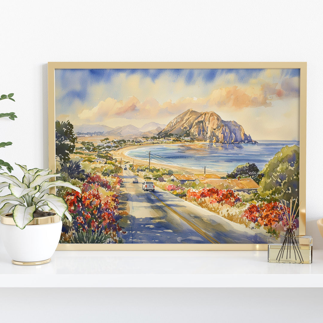 Morro Bay California Watercolor Poster Morro Bay Travel Print Coastal Town Painting Ocean Wall Art USA Decor Souvenir