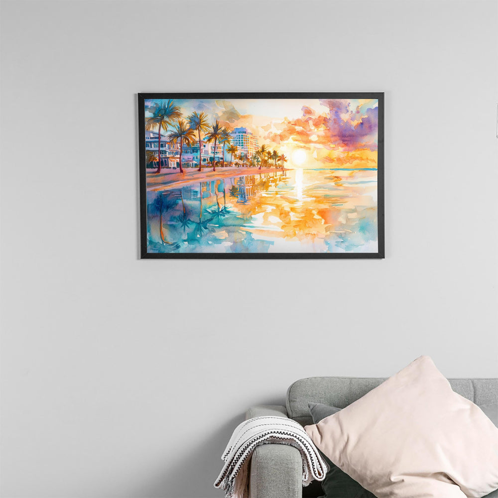 Miami Beach Florida Watercolor Poster Miami Travel Print Coastal City Painting Ocean Wall Art USA Decor Souvenir