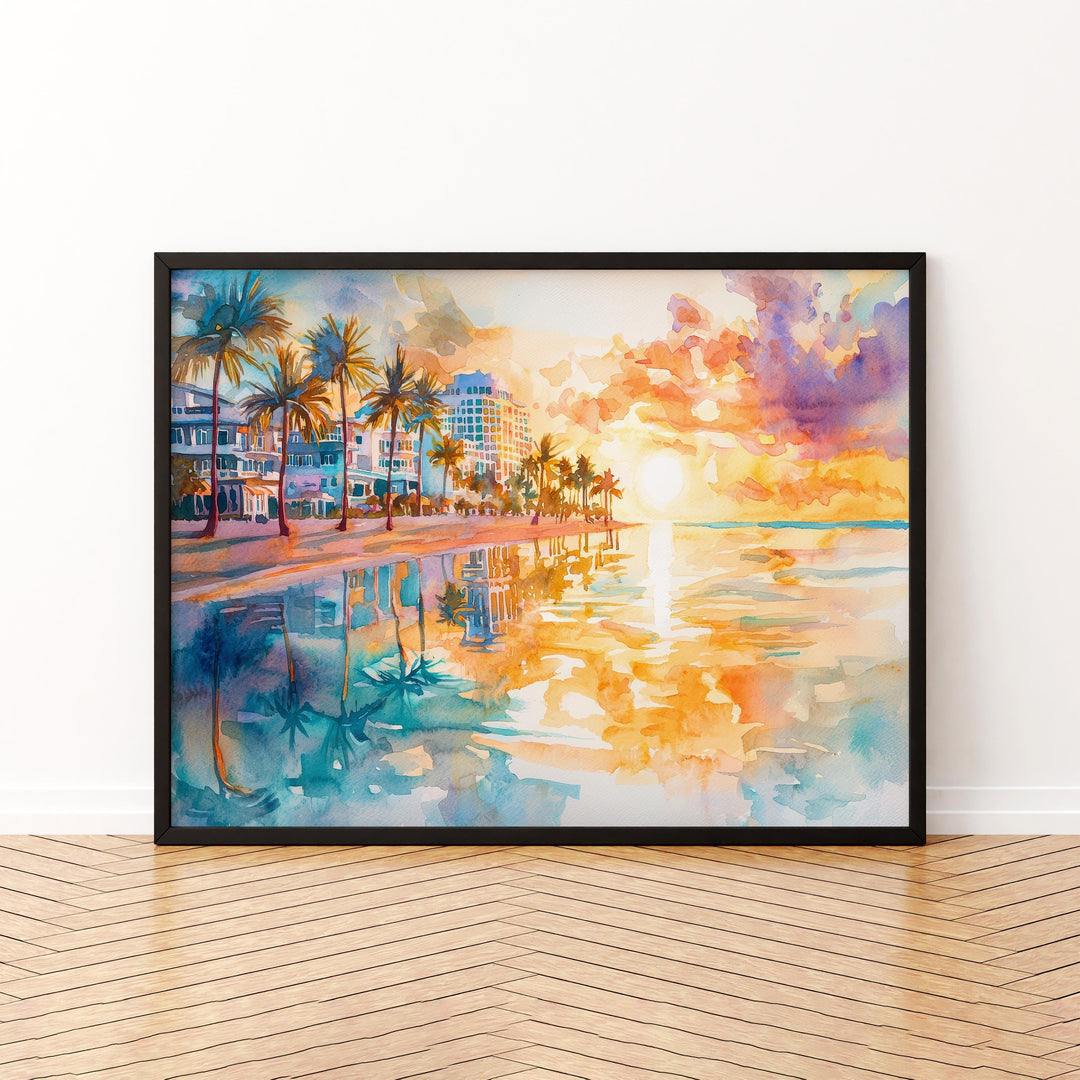 Miami Beach Florida Watercolor Poster Miami Travel Print Coastal City Painting Ocean Wall Art USA Decor Souvenir