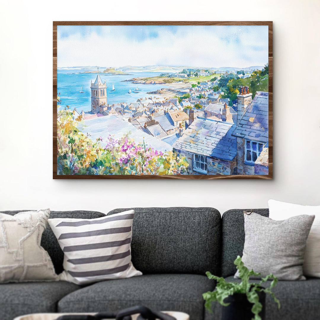 Marazion Cornwall Watercolor Poster Marazion Travel Print Coastal Village Painting Seaside Wall Art UK Beach Decor Souvenir