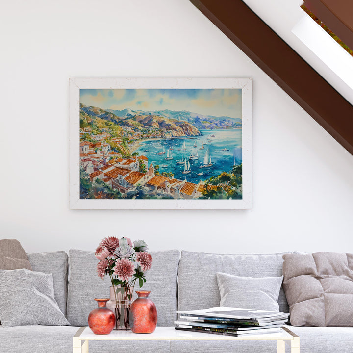 Catalina Island California Watercolor Poster Catalina Travel Print Coastal Town Painting Ocean Wall Art USA Decor Souvenir