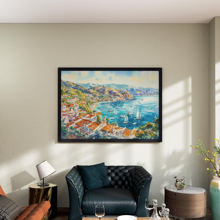 Catalina Island California Watercolor Poster Catalina Travel Print Coastal Town Painting Ocean Wall Art USA Decor Souvenir