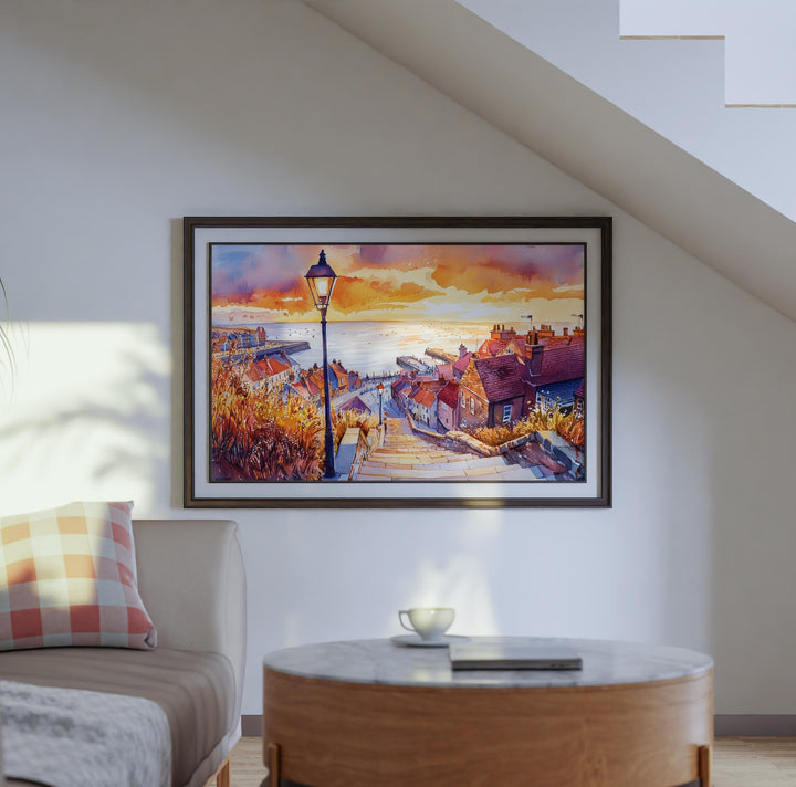 Whitby England Watercolor Poster Whitby Travel Print Coastal Town Painting Harbour Wall Art UK Seaside Decor Souvenir