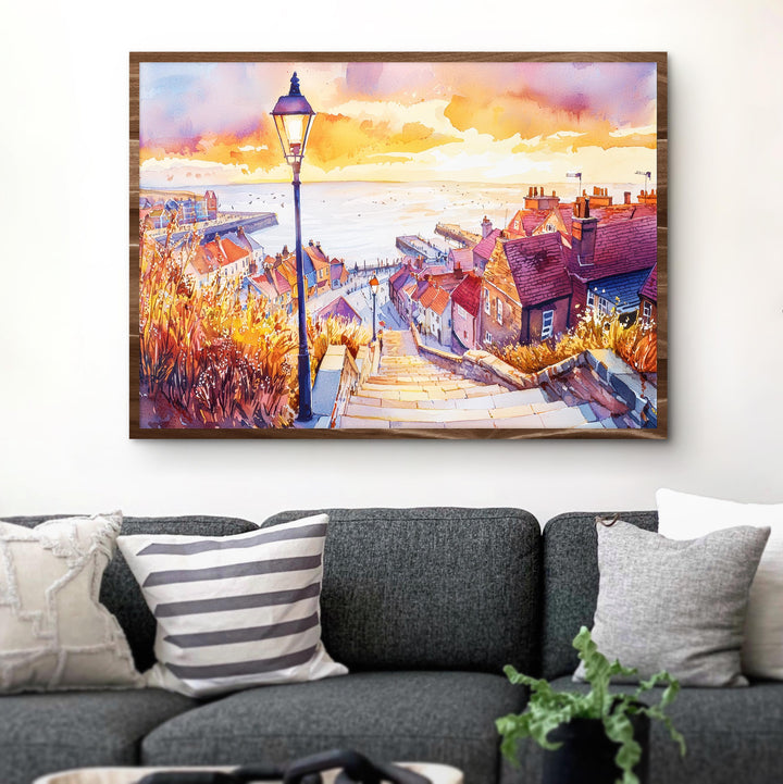 Whitby England Watercolor Poster Whitby Travel Print Coastal Town Painting Harbour Wall Art UK Seaside Decor Souvenir