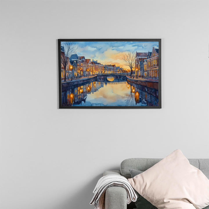 Leiden Netherlands Watercolor Poster Leiden Travel Print Canal City Painting Historic Town Wall Art Europe Decor Souvenir