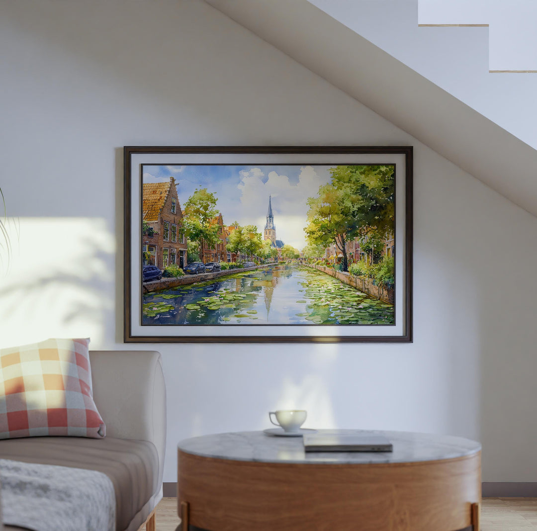 Delft Netherlands Watercolor Poster Delft Travel Print Canal City Painting Historic Town Wall Art Europe Decor Souvenir