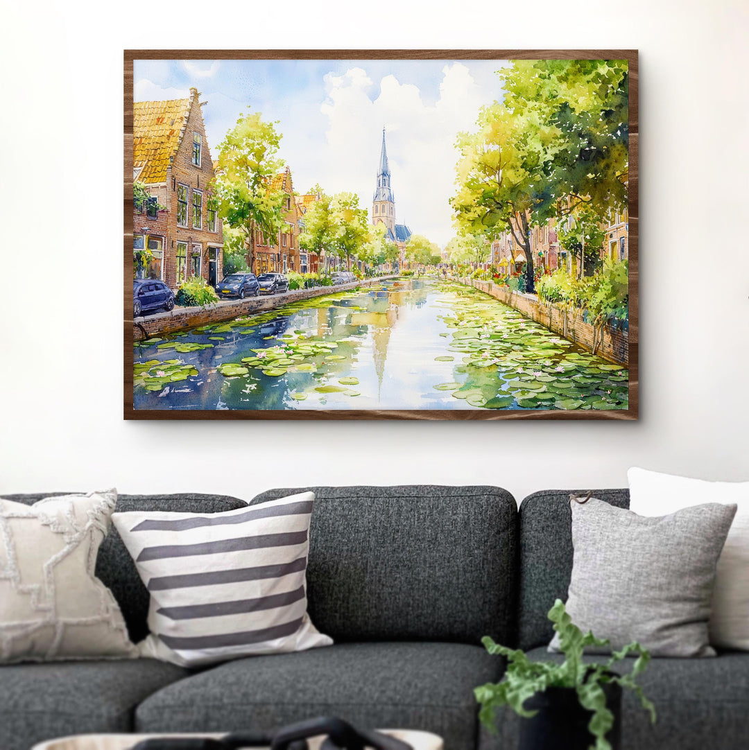 Delft Netherlands Watercolor Poster Delft Travel Print Canal City Painting Historic Town Wall Art Europe Decor Souvenir