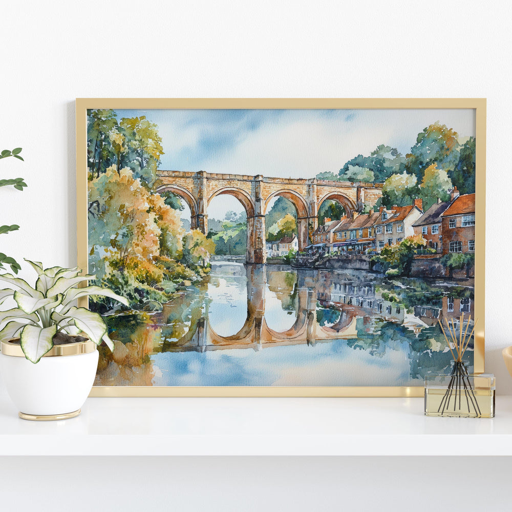 Knaresborough England Watercolor Poster Knaresborough Travel Print Riverside Town Painting Viaduct Wall Art UK Souvenir