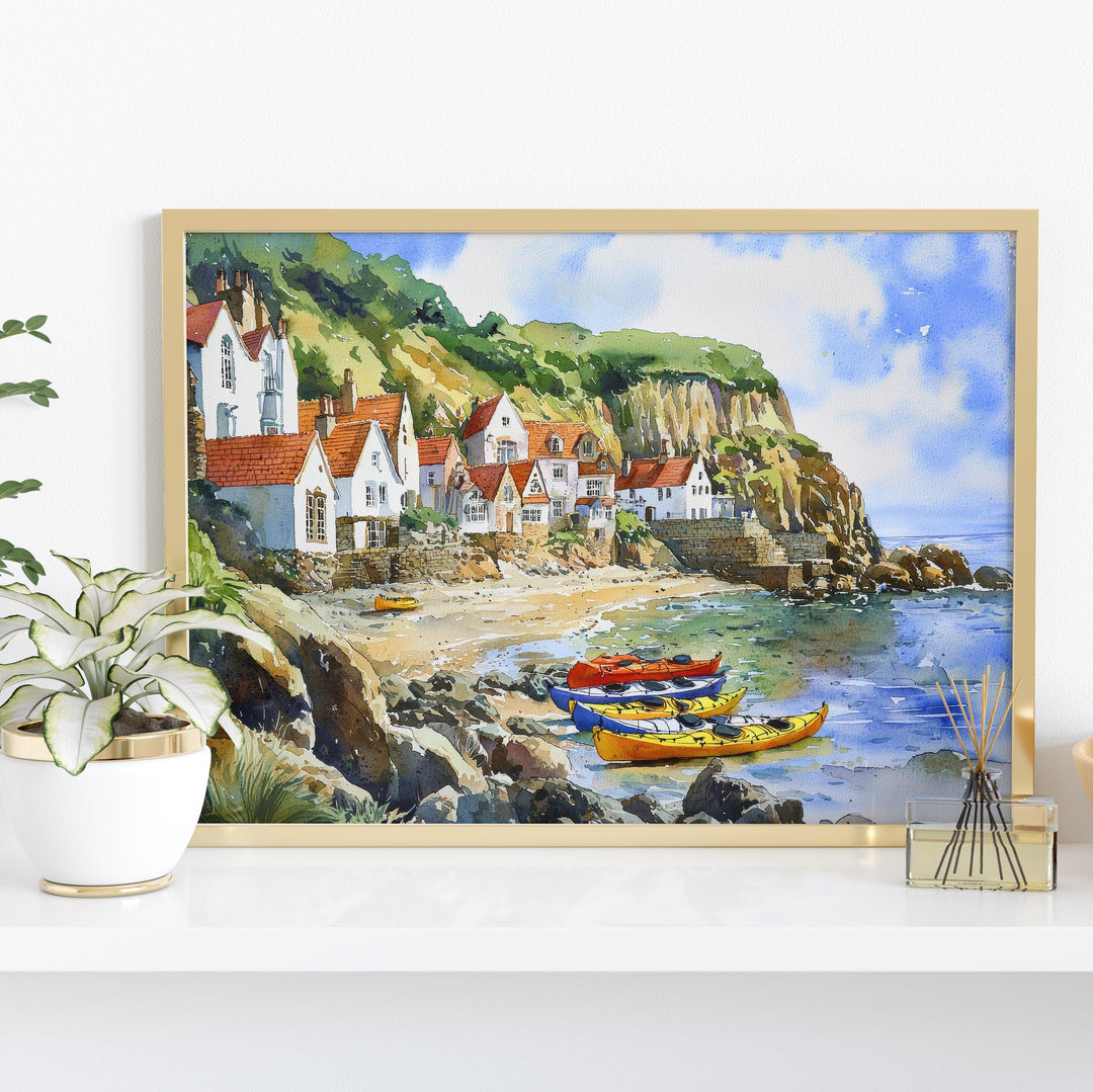 Runswick Bay England Watercolor Poster Runswick Bay Travel Print Yorkshire Coast Painting Seaside Wall Art UK Souvenir