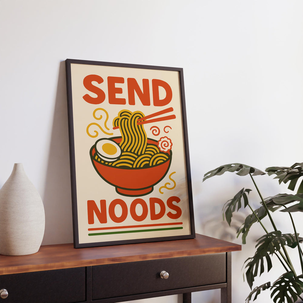 Send Noods Poster Funny Kitchen Wall Art Ramen Pun Print Quirky Food Artwork Asian Noodle Decor Gift for Food Lovers and Home Dining