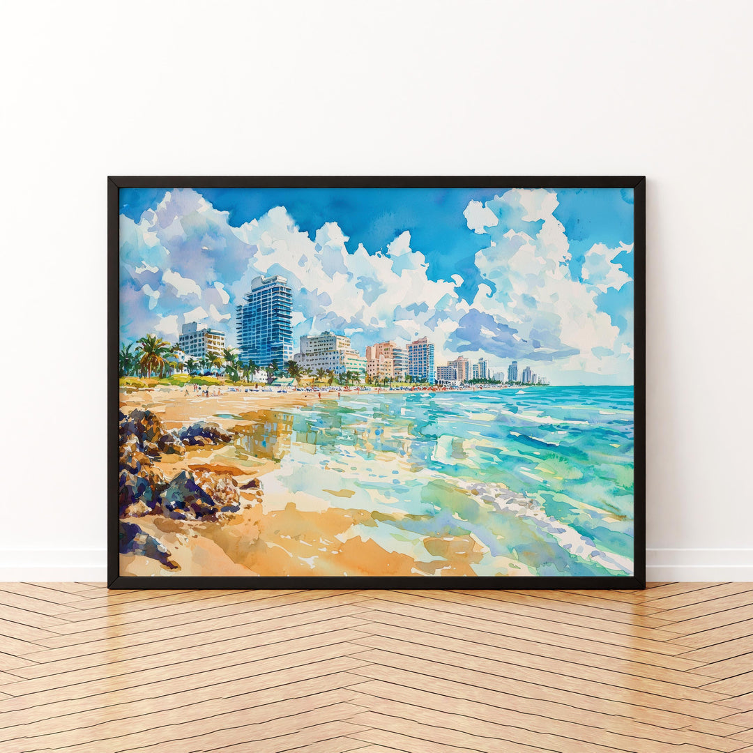 South Beach Miami Watercolor Poster South Beach Travel Print Florida Coast Painting Ocean Drive Wall Art USA Souvenir