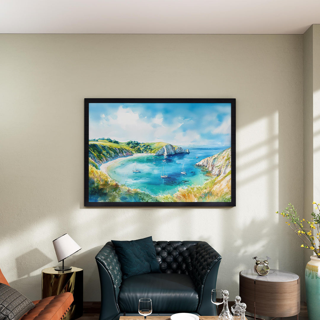 Lulworth Cove England Watercolor Poster Lulworth Cove Travel Print Dorset Coast Painting Seaside Wall Art UK Souvenir