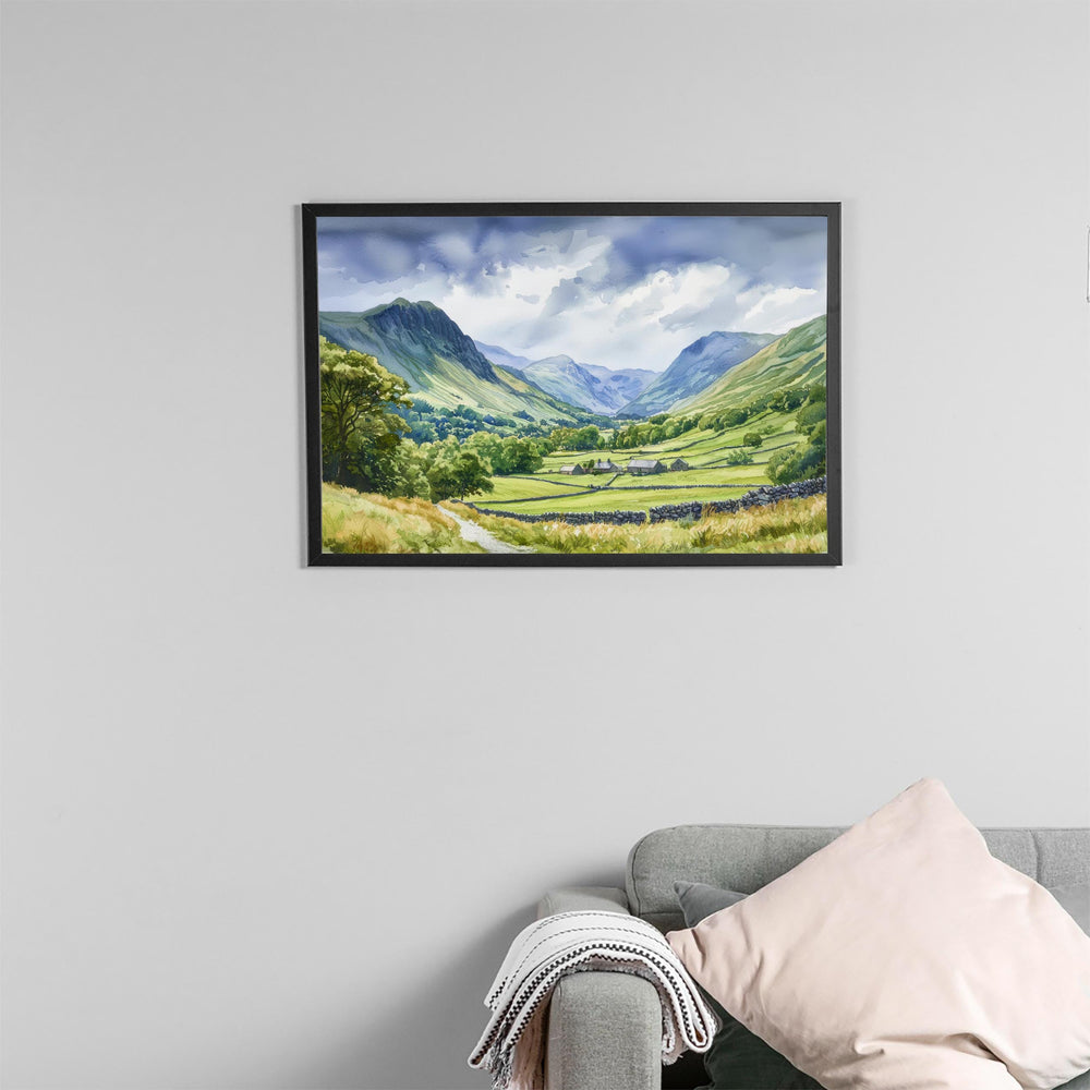 Great Langdale England Watercolor Poster Great Langdale Travel Print Lake District Painting Mountain Valley Wall Art UK Souvenir