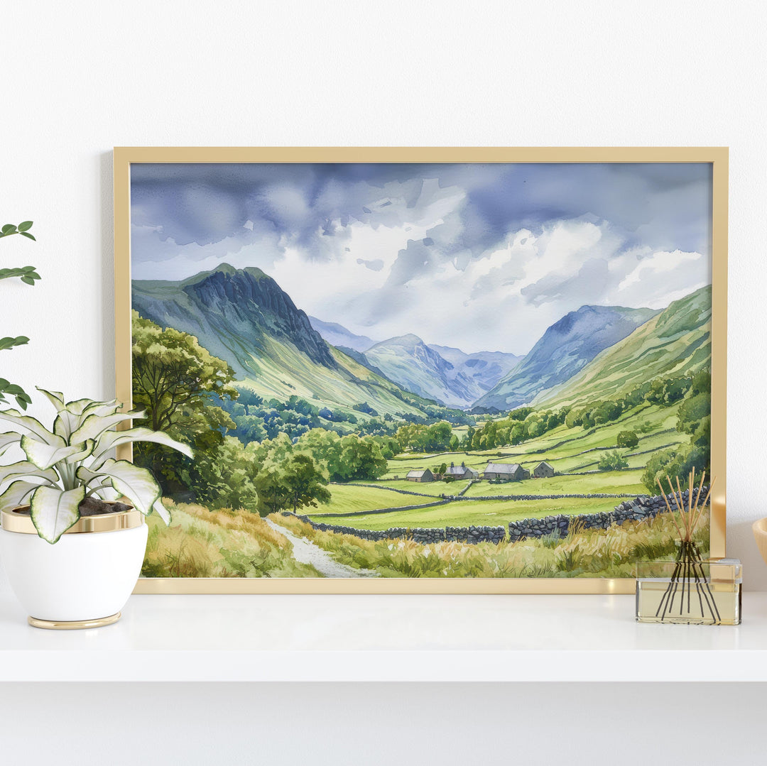 Great Langdale England Watercolor Poster Great Langdale Travel Print Lake District Painting Mountain Valley Wall Art UK Souvenir