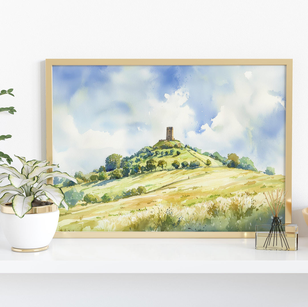 Glastonbury England Watercolor Poster Glastonbury Travel Print Somerset Town Painting Tor Hill Wall Art UK Souvenir