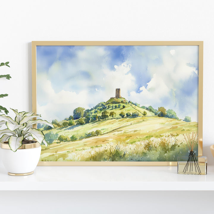 Glastonbury England Watercolor Poster Glastonbury Travel Print Somerset Town Painting Tor Hill Wall Art UK Souvenir