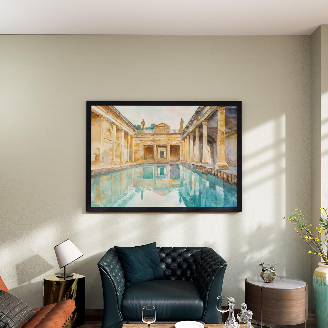 Roman Baths England Watercolor Poster Bath Travel Print Historic Landmark Painting Architecture Wall Art UK Souvenir