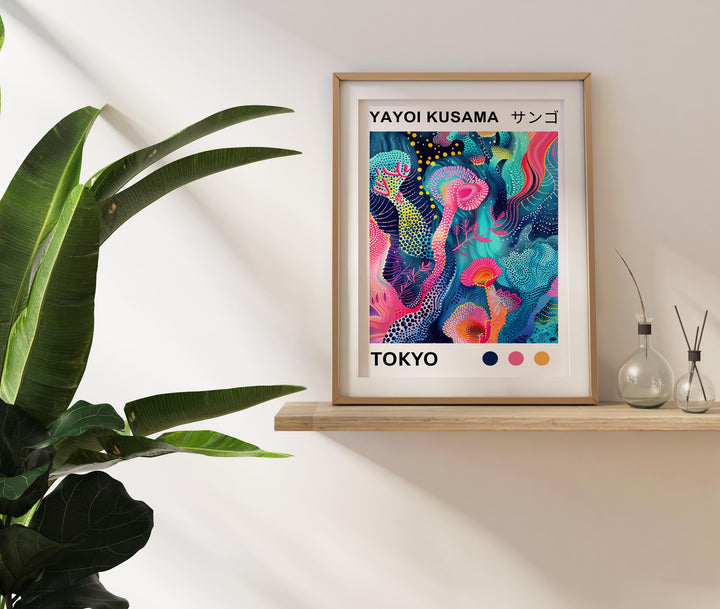 Yayoi Kusama Mushroom Poster Modern Pop Art Print Japanese Abstract Nature Decor Polka Dot Fungi Artwork Bold Contemporary Wall Design