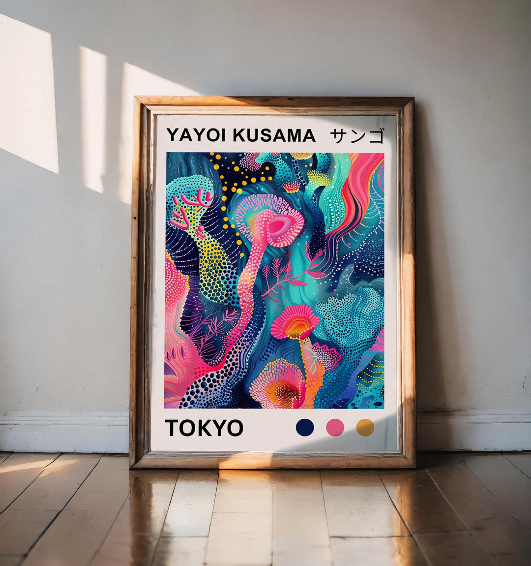 Yayoi Kusama Mushroom Poster Modern Pop Art Print Japanese Abstract Nature Decor Polka Dot Fungi Artwork Bold Contemporary Wall Design