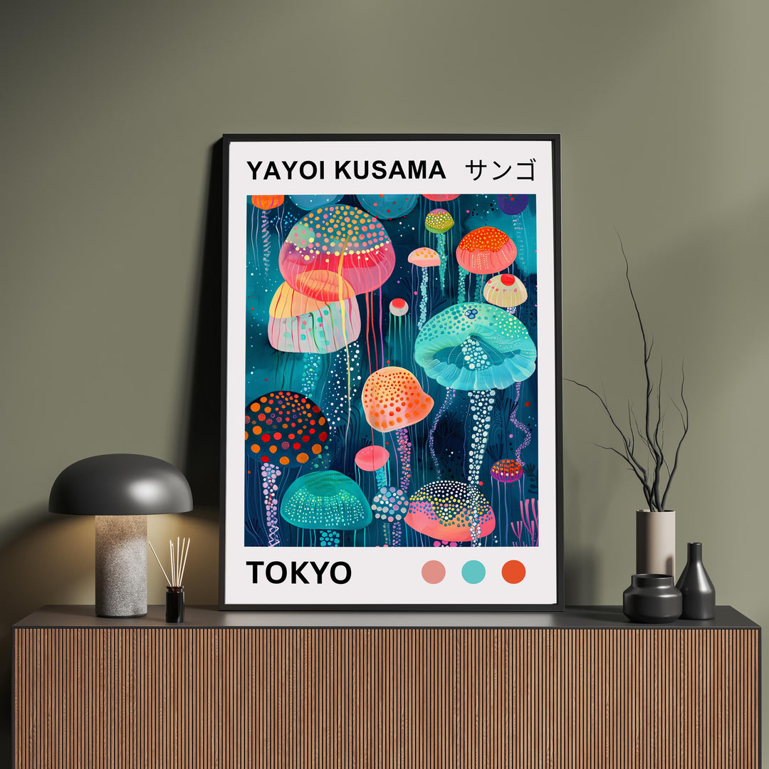 Yayoi Kusama Jellyfish Poster Modern Pop Art Print Japanese Abstract Ocean Decor Polka Dot Sea Creature Artwork for Contemporary Homes