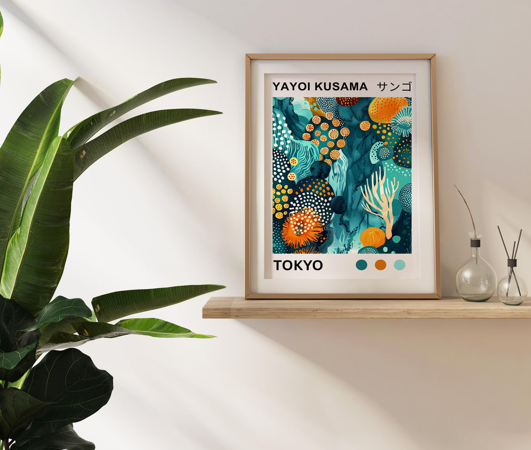 Yayoi Kusama Coral Poster Modern Pop Art Print Japanese Abstract Ocean Design Polka Dot Marine Artwork for Contemporary Coastal Decor