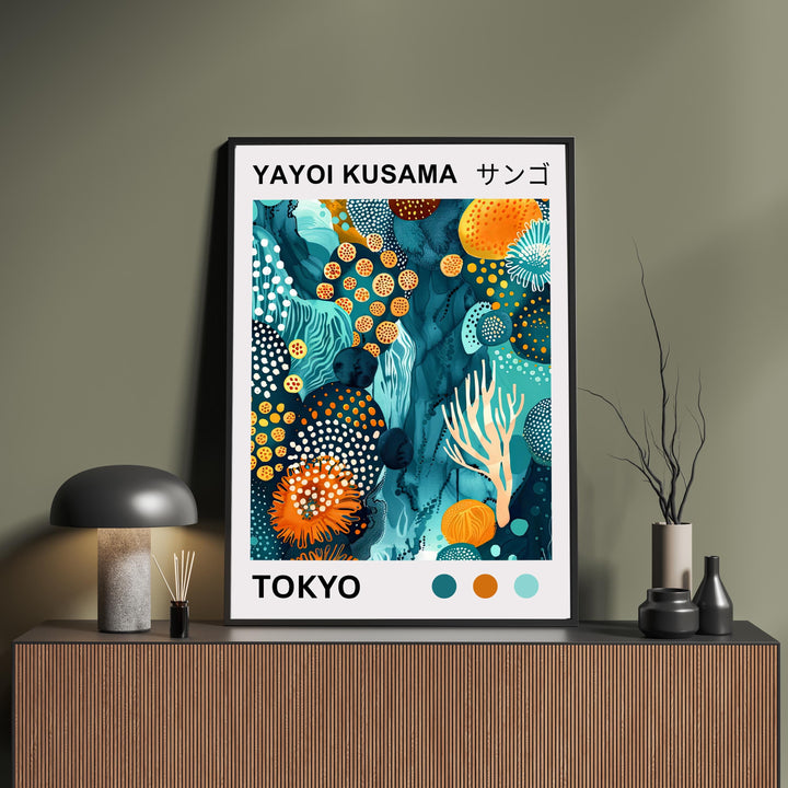 Yayoi Kusama Coral Poster Modern Pop Art Print Japanese Abstract Ocean Design Polka Dot Marine Artwork for Contemporary Coastal Decor