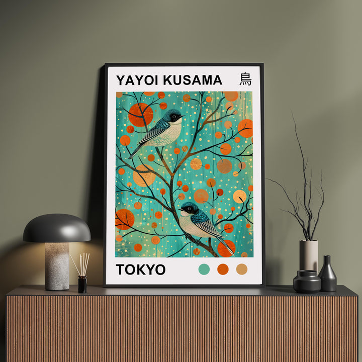 Yayoi Kusama Bluebird Poster Modern Pop Art Print Japanese Abstract Bird Design Polka Dot Nature Artwork for Contemporary Home Decor