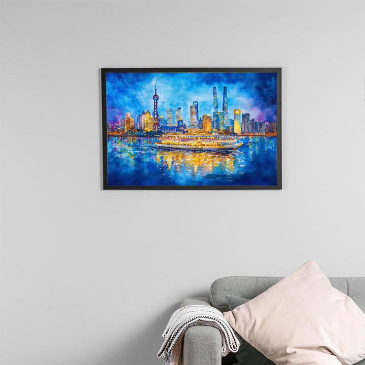 Shanghai China Watercolor Poster Shanghai Travel Print City Skyline Painting Bund River Wall Art Souvenir