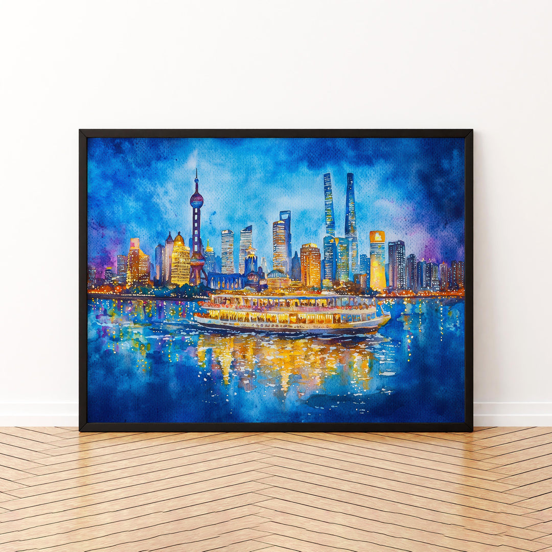 Shanghai China Watercolor Poster Shanghai Travel Print City Skyline Painting Bund River Wall Art Souvenir