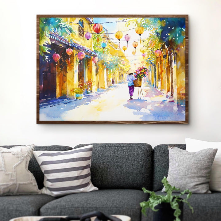Hoi An Vietnam Watercolor Poster Hoi An Travel Print Lantern Street Painting Riverside Wall Art Asia Souvenir