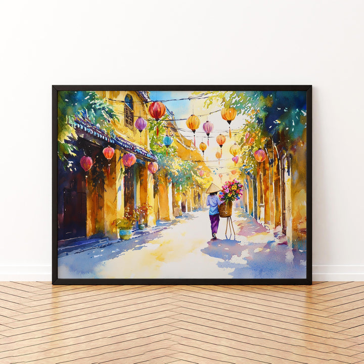 Hoi An Vietnam Watercolor Poster Hoi An Travel Print Lantern Street Painting Riverside Wall Art Asia Souvenir