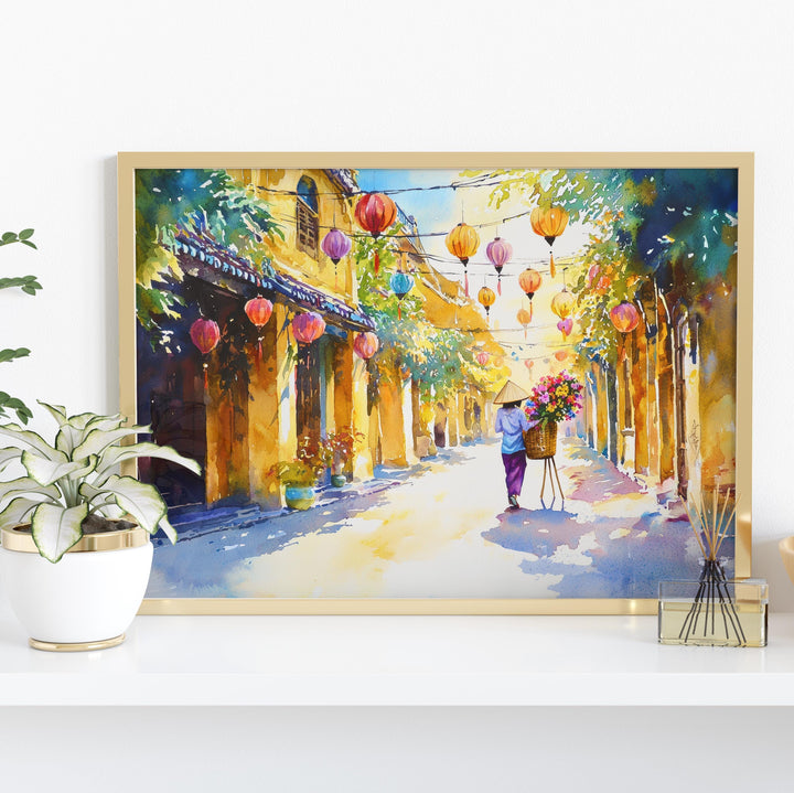Hoi An Vietnam Watercolor Poster Hoi An Travel Print Lantern Street Painting Riverside Wall Art Asia Souvenir