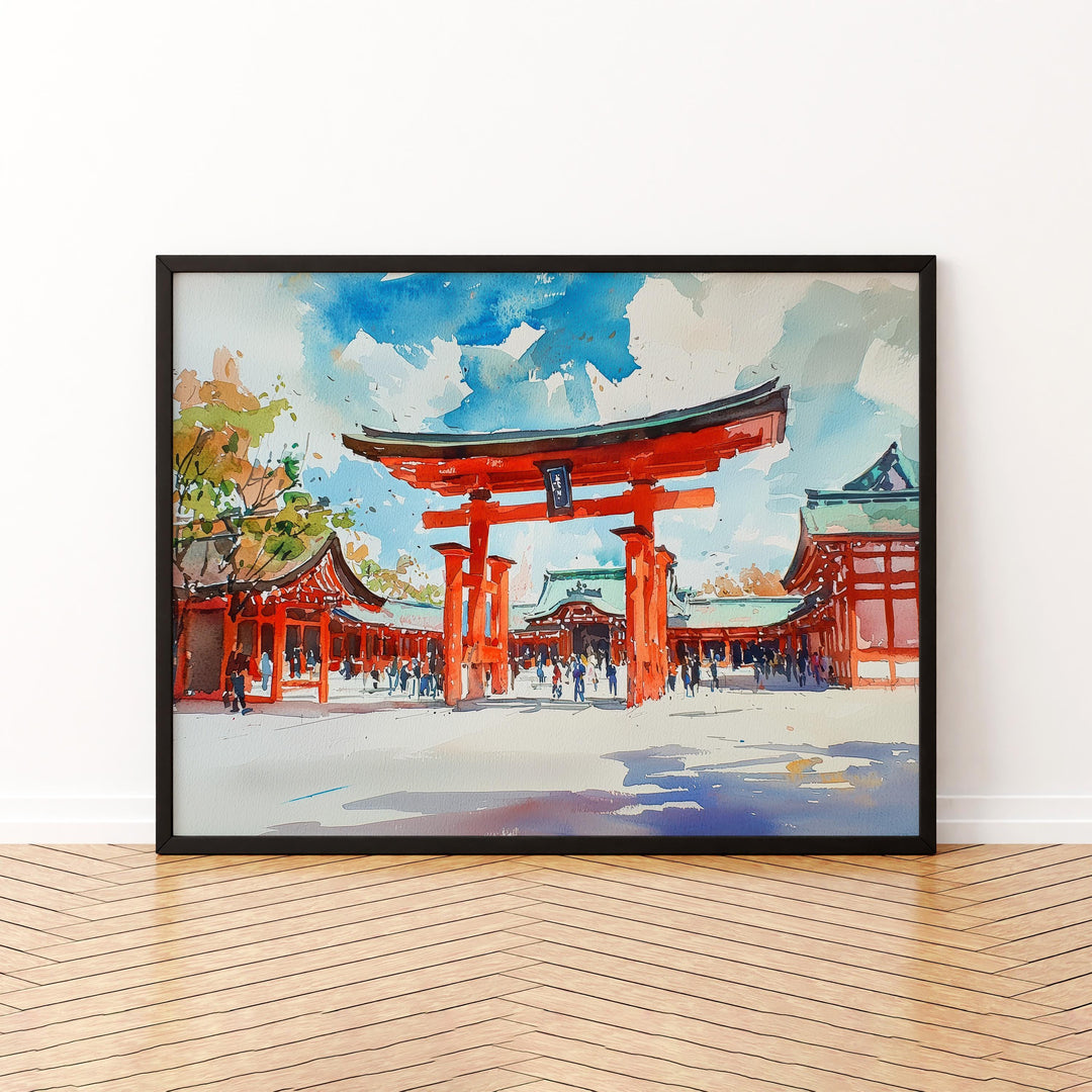 Fushimi Inari Shrine Kyoto Japan Watercolor Poster Kyoto Travel Print Torii Gate Painting Temple Wall Art Asia Souvenir