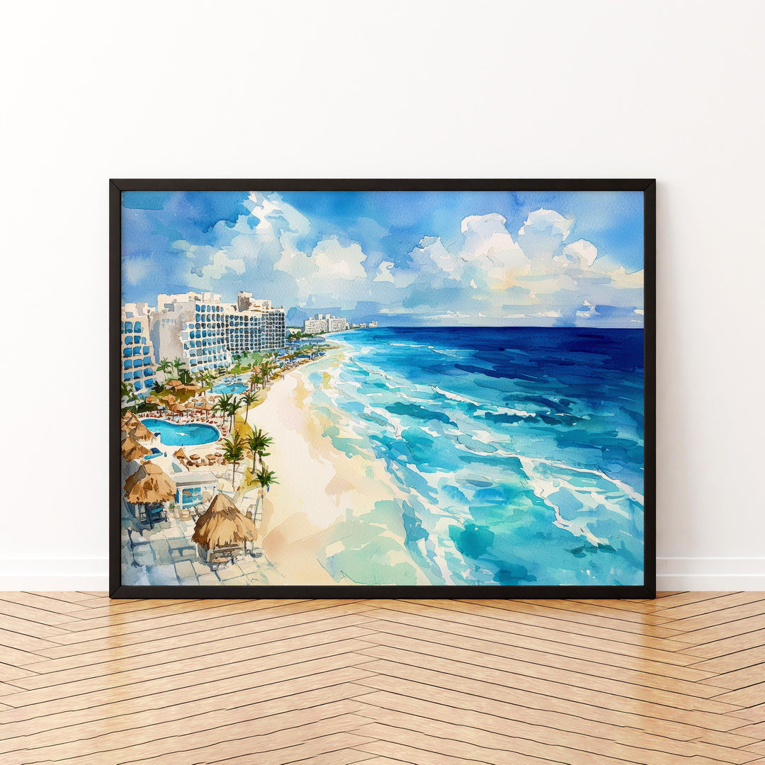 Cancún Mexico Watercolor Poster Cancún Travel Print Beach Landscape Painting Coastal Wall Art Caribbean Souvenir
