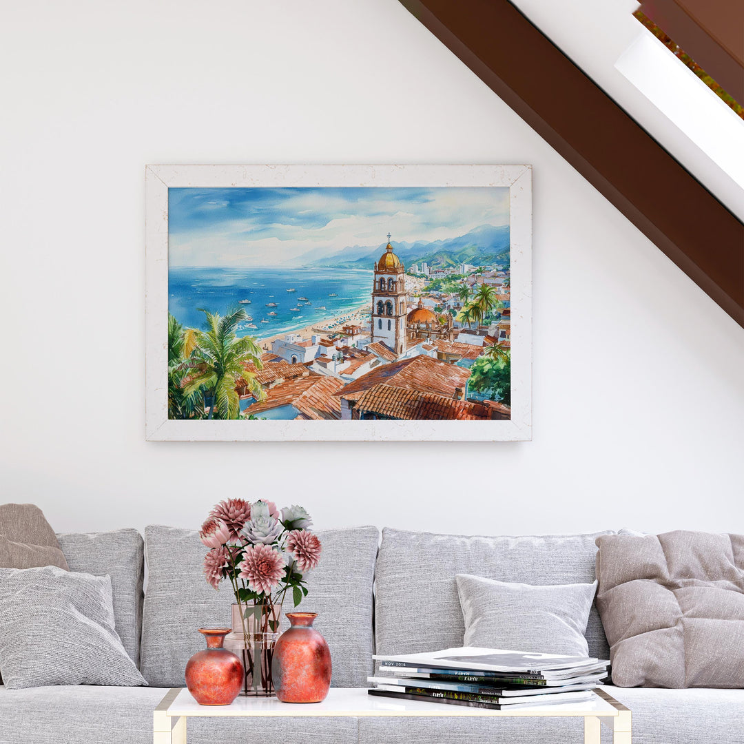 Puerto Vallarta Mexico Watercolor Poster Puerto Vallarta Travel Print Beach Landscape Painting Wall Art Pacific Coast Souvenir