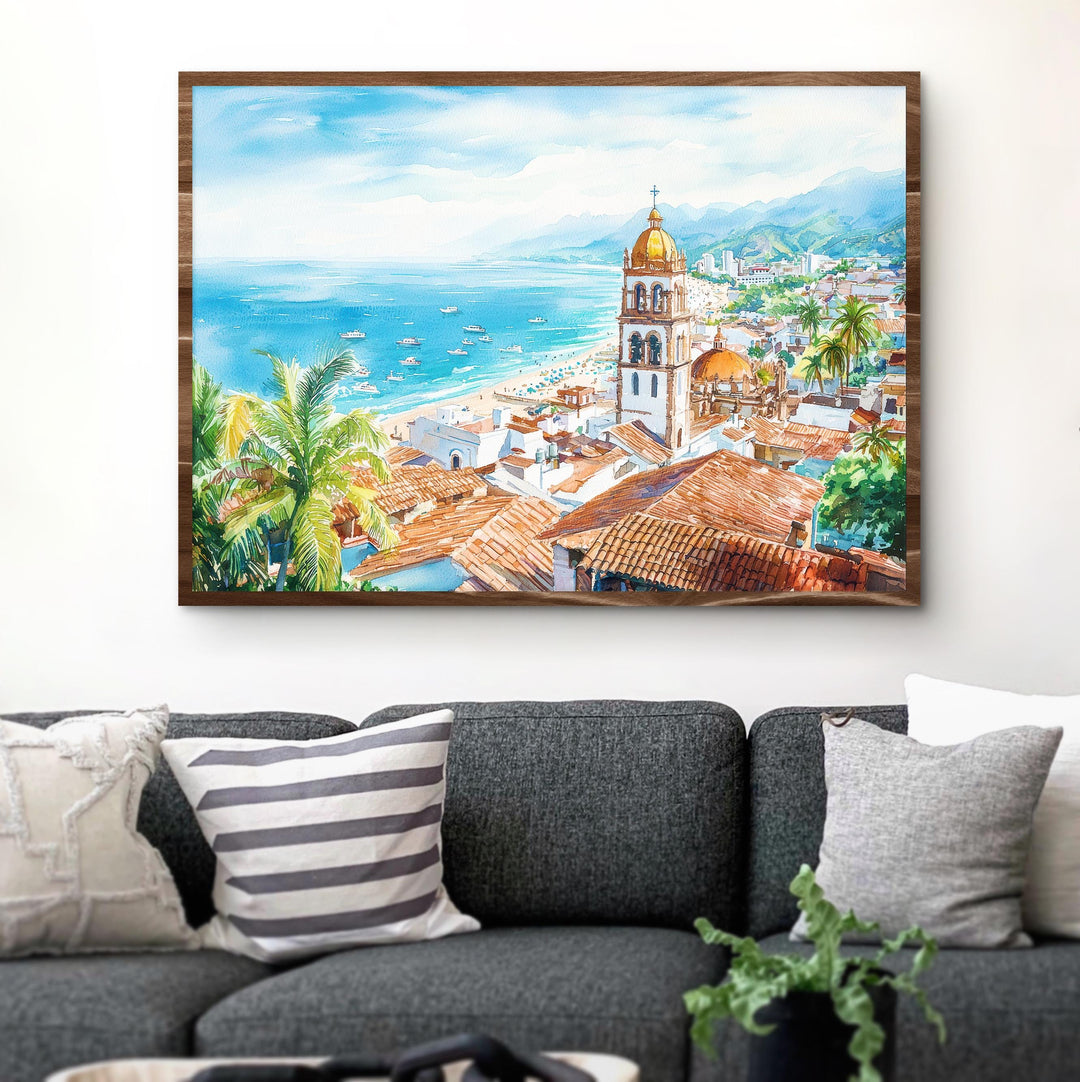 Puerto Vallarta Mexico Watercolor Poster Puerto Vallarta Travel Print Beach Landscape Painting Wall Art Pacific Coast Souvenir